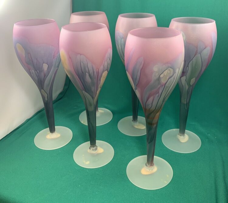 Reuven Art Nouveau Frosted Satin Pastel Swirl Wine Glasses Hand Painted Set of 6 - Image 3