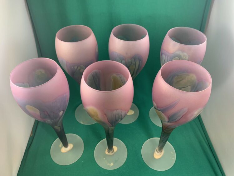 Reuven Art Nouveau Frosted Satin Pastel Swirl Wine Glasses Hand Painted Set of 6 - Image 4