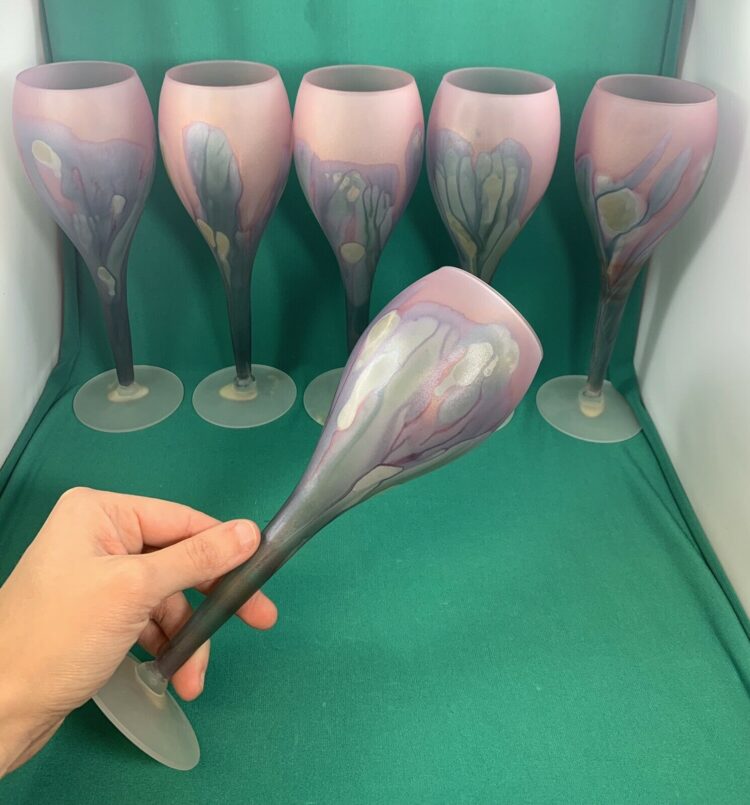 Reuven Art Nouveau Frosted Satin Pastel Swirl Wine Glasses Hand Painted Set of 6 - Image 5