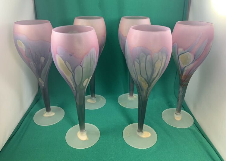 Reuven Art Nouveau Frosted Satin Pastel Swirl Wine Glasses Hand Painted Set of 6 - Image 6