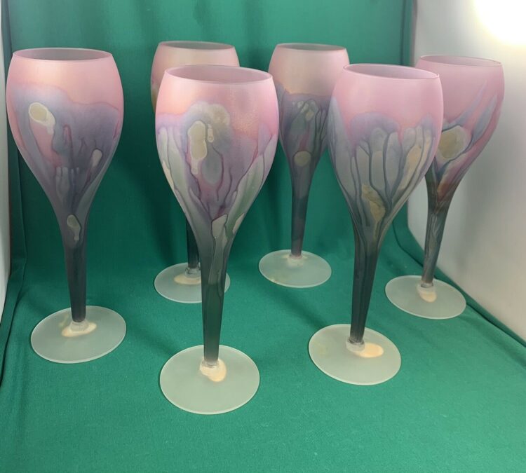 Reuven Art Nouveau Frosted Satin Pastel Swirl Wine Glasses Hand Painted Set of 6 - Image 7