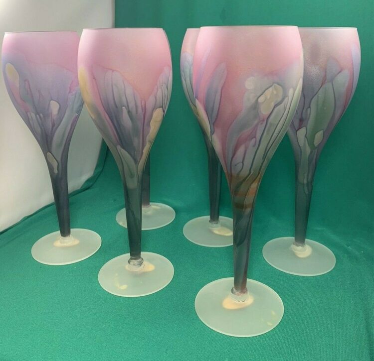 Reuven Art Nouveau Frosted Satin Pastel Swirl Wine Glasses Hand Painted Set of 6