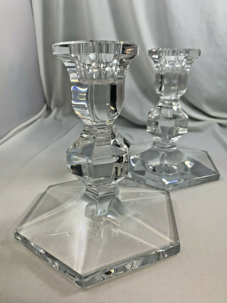 VAL ST. LAMBERT CANDLESTICKS PAIR CRYSTAL GARDENIA HEXAGON HOLDERS-SIGNED - Image 3