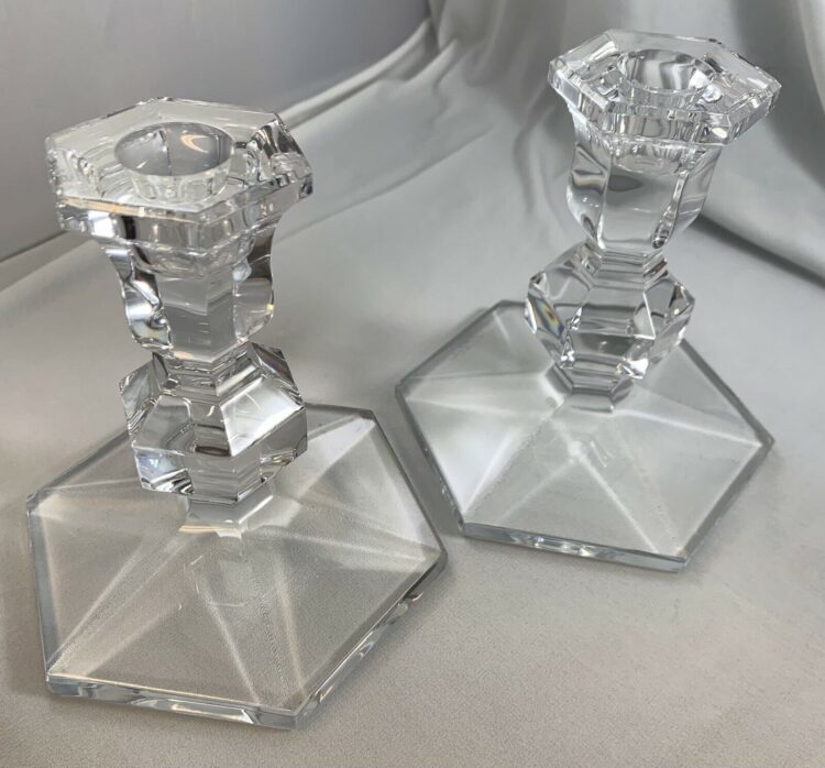 VAL ST. LAMBERT CANDLESTICKS PAIR CRYSTAL GARDENIA HEXAGON HOLDERS-SIGNED - Image 5