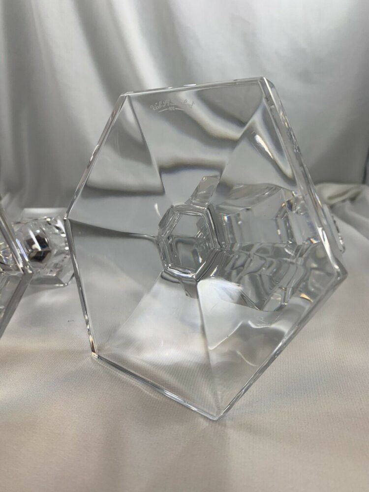 VAL ST. LAMBERT CANDLESTICKS PAIR CRYSTAL GARDENIA HEXAGON HOLDERS-SIGNED - Image 7