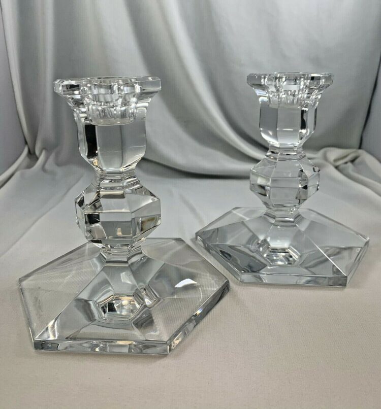 VAL ST. LAMBERT CANDLESTICKS PAIR CRYSTAL GARDENIA HEXAGON HOLDERS-SIGNED