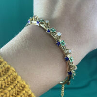 Retro 14K Yellow Gold Diamond Bangle Bracelet Enamel Clover Fleur De Lis Design - Image 3