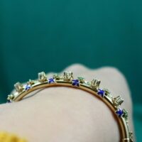 Retro 14K Yellow Gold Diamond Bangle Bracelet Enamel Clover Fleur De Lis Design - Image 5