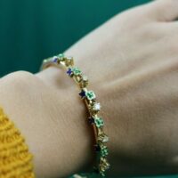 Retro 14K Yellow Gold Diamond Bangle Bracelet Enamel Clover Fleur De Lis Design - Image 6
