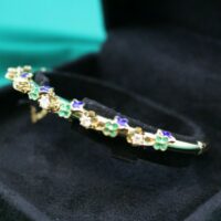 Retro 14K Yellow Gold Diamond Bangle Bracelet Enamel Clover Fleur De Lis Design - Image 9