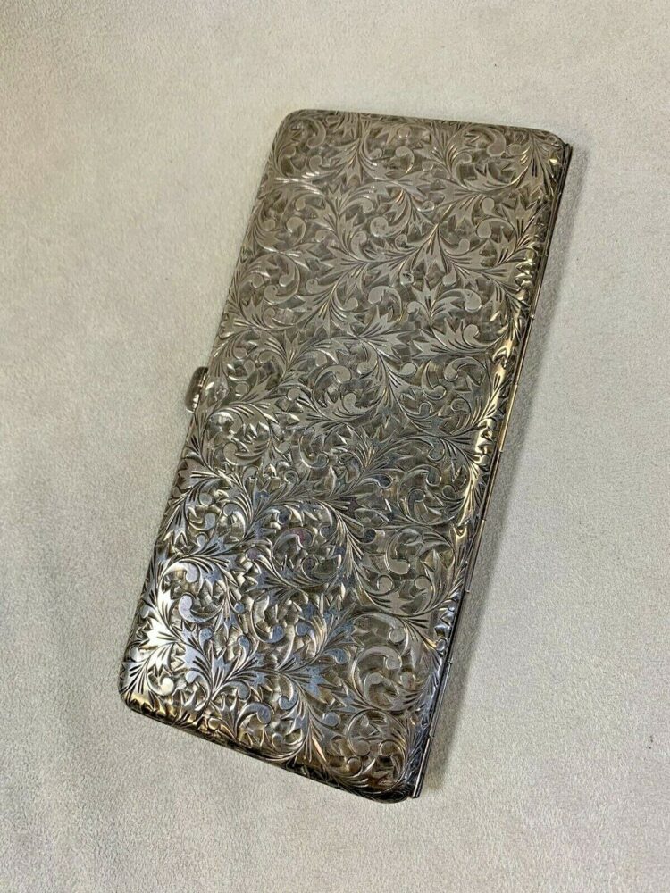 Antique 1920's Cigarette Case Sterling Silver Hand Chased Floral Scroll Vienna - Image 3