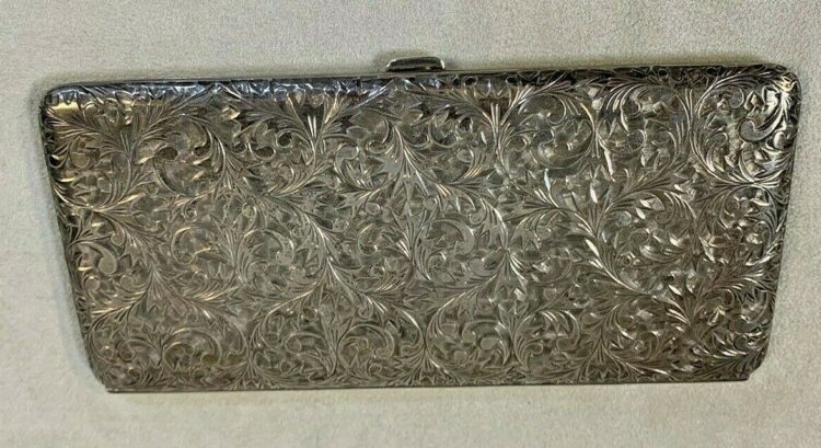 Antique 1920's Cigarette Case Sterling Silver Hand Chased Floral Scroll Vienna